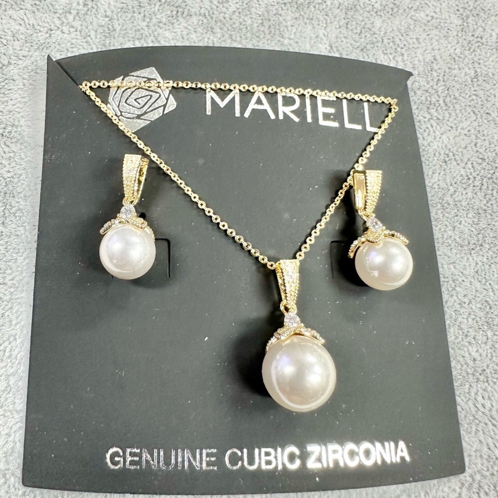 Mariell Pearl Drop Bridal Necklace Earrings Set with CZ Crystals